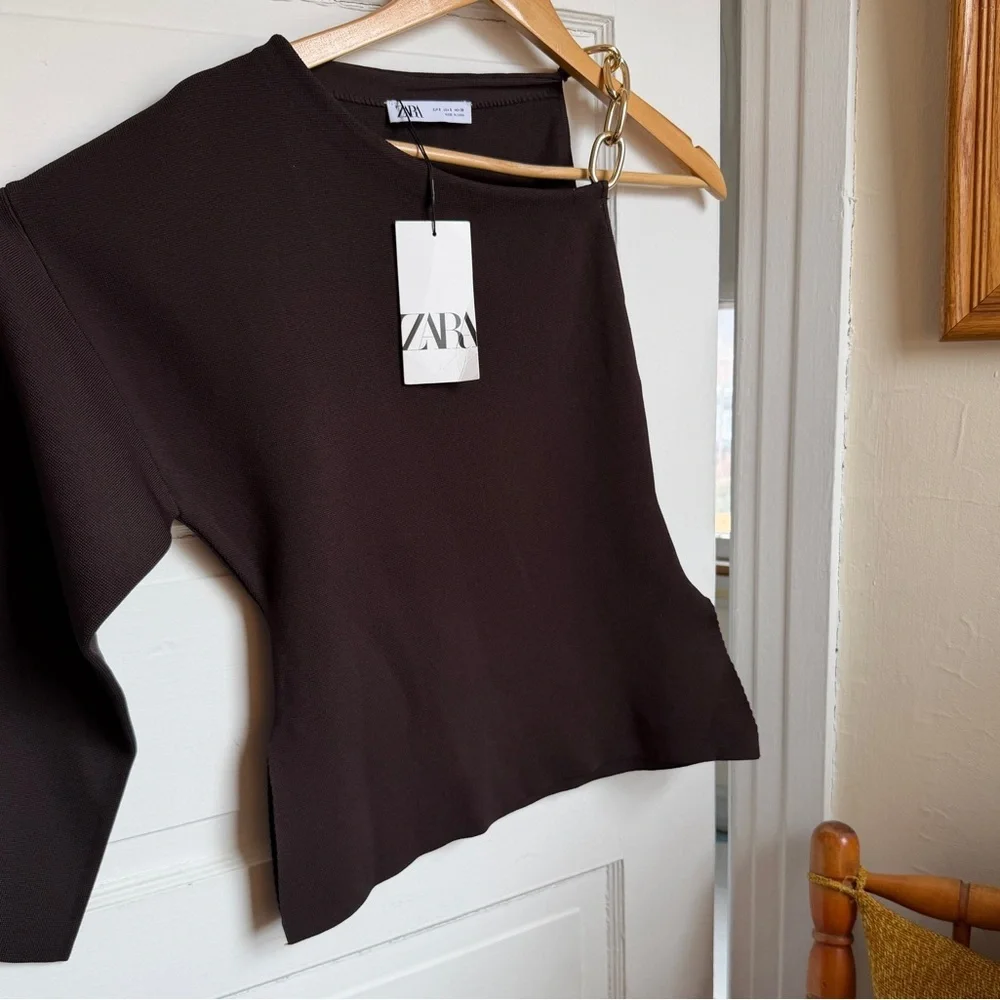 NWT Zara Asymmetric One Shoulder Knit Top w Gold Chain Chocolate Brown Sz S